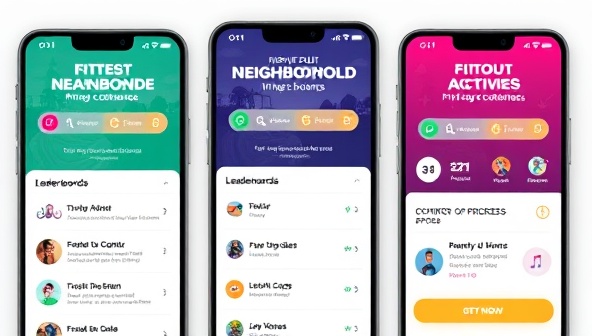 An interactive fitness app interface displaying neighborhood fitness challenges, workout leaderboards, and community progress updates, with vibrant workout animations and motivational messages, inspiring users to stay active and connected through the FitComm Challenge app.