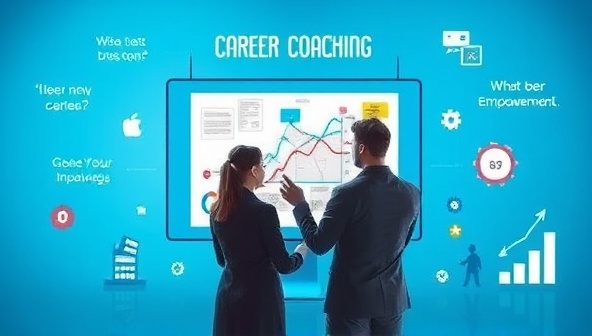An inspiring visual representation of career coaching, featuring a coach guiding a client through a career path map on a digital screen, surrounded by motivational quotes and icons symbolizing growth and success, conveying career empowerment and direction.