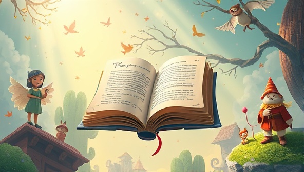 An enchanting scene depicting a magical storybook floating in the air, surrounded by whimsical characters and settings, with rays of light illuminating the pages, conveying the essence of personalized storytelling and imagination.