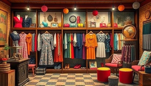 An eclectic digital storefront displaying a variety of retro clothing items, accessories, and decor pieces styled in a nostalgic setting reminiscent of past eras, featuring vibrant colors, bold patterns, and retro aesthetics, inviting customers into a virtual time capsule of vintage treasures.