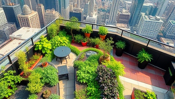 An aerial view of a vibrant rooftop garden filled with lush plants, herbs, and seating areas overlooking a bustling city skyline, highlighting the beauty and tranquility of urban green spaces.