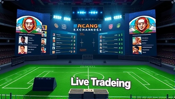 An engaging virtual sports arena showcasing fantasy sports team lineups, player statistics, and live trading activities, with animated team logos, player cards, and a dynamic exchange interface, highlighting the interactive and competitive nature of the fantasy sports betting exchange.