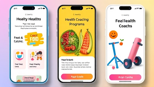A vibrant and engaging app interface showcasing different health coaching programs, with colorful graphics of healthy food, exercise equipment, and a positive motivational quote, appealing to health-conscious individuals.