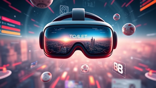 A futuristic VR headset displaying a stunning web design landscape with interactive elements floating in the air, surrounded by digital graphics and UI elements, inviting viewers into the immersive world of VR Design Hub.