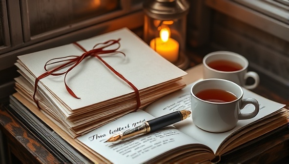 A cozy reading nook with a stack of beautifully crafted letters tied with ribbons, a vintage fountain pen, a cup of tea, and a glowing lamp, creating a warm and inviting atmosphere that symbolizes the comfort and intimacy of receiving personalized letters.
