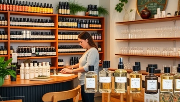 A cozy and inviting studio setting with shelves of various essential oils and fragrance notes, a customer engaged in creating their custom scent, and a beautiful display of finished perfume bottles, evoking a personalized and luxurious experience.