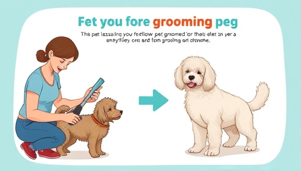 A visually appealing graphic illustrating a pet owner following a virtual pet grooming tutorial, showcasing the transformation of a pet from unkempt to well-groomed, emphasizing the simplicity and effectiveness of the virtual grooming lessons.