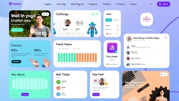 A dynamic and engaging digital interface displaying various wellness challenges, progress trackers, community forums, and motivational quotes, creating a visually stimulating and interactive platform for users to explore and participate in wellness activities.