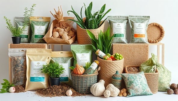 An artistic representation of diverse upcycled products made from agricultural waste, including biodegradable packaging, organic fertilizers, and recycled building materials, arranged in a visually appealing and eco-friendly display, symbolizing sustainability and innovation in waste management.