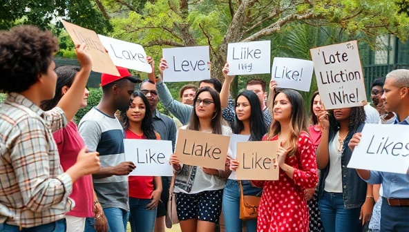An image of a diverse group of individuals in a community setting, exchanging ideas and holding up signs with words like 