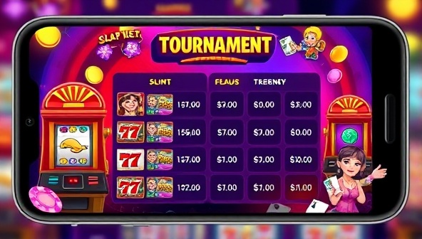 A vibrant and colorful mobile screen displaying a slot tournament leaderboard with animated slot machines, spinning reels, and cheering avatars, creating a dynamic and competitive atmosphere within the app community.