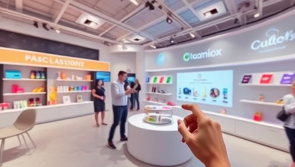An immersive AR/VR environment featuring branded products seamlessly integrated into the virtual world, with users interacting with the products in a natural and engaging manner, showcasing the innovative marketing potential of Virtualize Branding's product placement services.