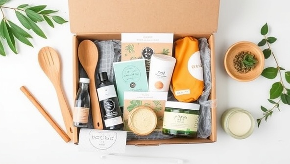 An aesthetically pleasing flat lay of a monthly eco-friendly home goods subscription box filled with bamboo kitchen utensils, reusable silicone food wraps, organic cleaning products, and a plant-based candle, promoting a sustainable and conscious living aesthetic.