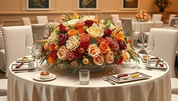An elegant dining table adorned with a stunning edible bouquet centerpiece featuring a variety of gourmet treats arranged in a visually appealing and artistic display, exuding luxury and sophistication, ideal for upscale events and celebrations.