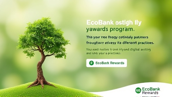 An eco-friendly design featuring a digital tree growing with each sustainable action taken by customers, visualizing the positive impact and growth of eco-friendly practices through the EcoBank Rewards program.