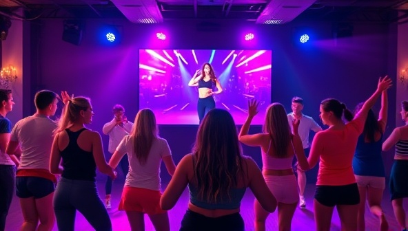 An energetic dance fitness class scene with participants following a lively instructor on screen, surrounded by vibrant lights and music, capturing the excitement and energy of RhythmicMoves Online's virtual dance fitness classes.