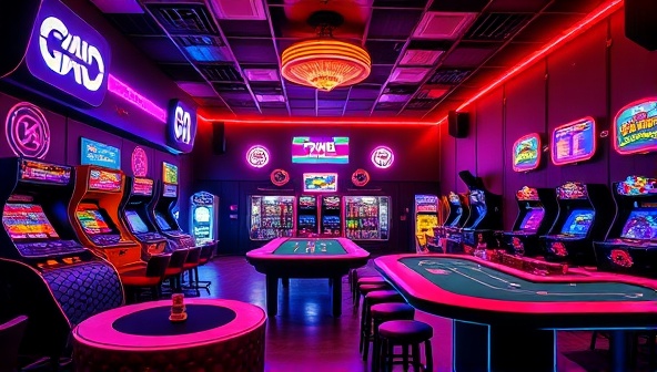 An inviting image of a retro-inspired lounge with neon lights, vintage arcade machines, and modern gambling tables, showcasing the fusion of classic gaming vibes and contemporary casino elements at Pixel Playhouse Casino.