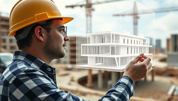 An architect using ARchitect Vision to overlay a digital model of a building onto a real-world construction site, adjusting the design elements and exploring different perspectives, with a look of fascination and creativity, showcasing the transformative power of augmented reality in architecture.