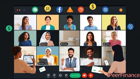 An online forum setting with diverse individuals engaging in financial discussions and mentorship sessions on the PeerFinance Connect platform, exchanging insights and advice, surrounded by symbols representing collaboration and knowledge sharing, conveying community and support in financial learning.