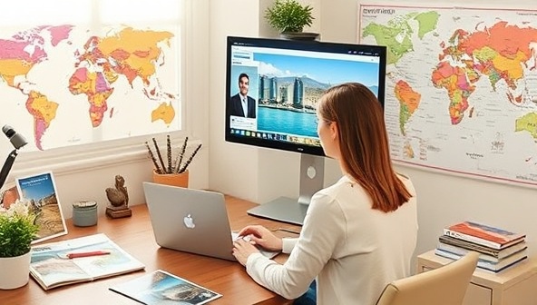 A virtual travel consultant sitting at a desk with a laptop, surrounded by travel guides and maps, engaging in a video call with a client, discussing vacation plans and sharing exciting destination recommendations, conveying professionalism and expertise.
