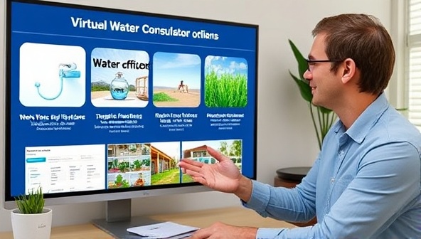 A professional consultant explaining water-saving strategies through a virtual consultation session, with visuals of water-efficient fixtures, rainwater harvesting systems, and drought-resistant landscaping options displayed on a screen, emphasizing practical solutions for clients.