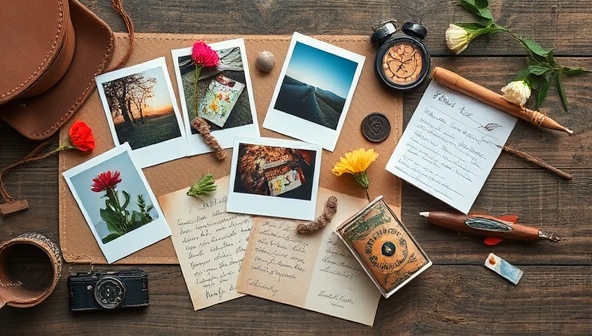An artistic flat lay of travel keepsake items such as polaroid photos, vintage postcards, pressed flowers, handwritten notes, and travel trinkets elegantly arranged on a rustic wooden table, evoking a sense of nostalgia, wanderlust, and heartfelt storytelling through MemoirMementos.