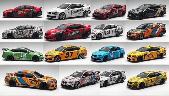 An artistic display of various vehicle wrap designs and patterns on different car models, showcasing the platform's customization options and creative potential in transforming vehicles into unique and personalized masterpieces.