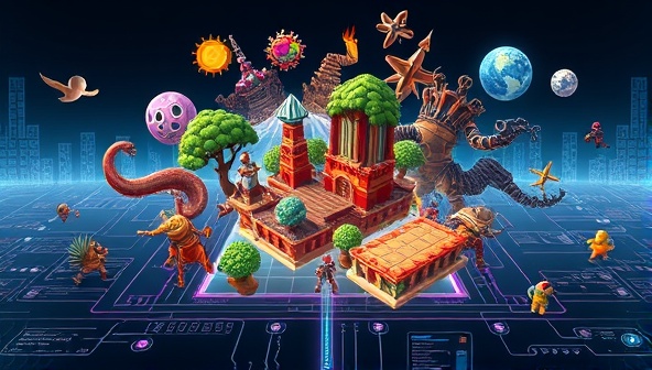 An innovative visual representation of AI Creator's Realm showcasing an AI-powered interface generating diverse game elements like environments, characters, and gameplay mechanics in real-time, illustrating the platform's creativity, versatility, and efficiency in game design processes.