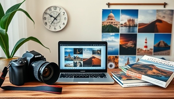 An inspiring virtual photography workshop setup with a digital camera, a laptop displaying photo editing software, travel photography books, and a mood board of stunning travel images, inspiring creativity and visual storytelling among participants.