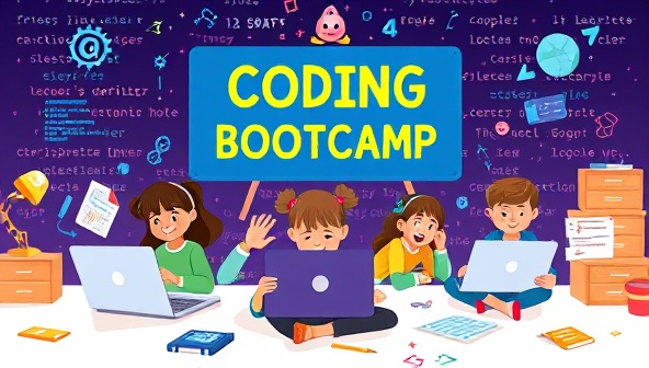 An interactive illustration of a virtual coding bootcamp for kids, showcasing children engaged in coding activities on laptops, surrounded by colorful code snippets and programming elements, reflecting an educational and fun coding learning environment for young participants.