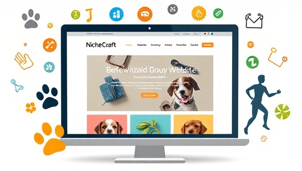 An artistic representation of a website screen featuring elements of various niche industries, such as pet paw prints, eco-friendly symbols, and fitness icons, symbolizing the customization and specialization offered by NicheCraft Designs in a visually captivating manner.