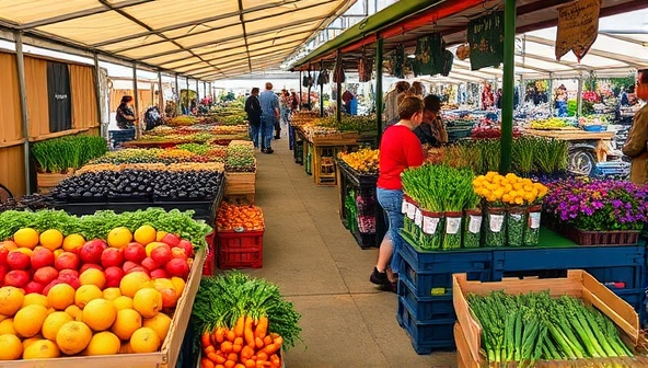 A bustling farmers' market scene with colorful stalls filled with fresh fruits, vegetables, and flowers, showcasing the vibrant and diverse offerings of local farms and producers supported by the HarvestShare Collective CSA membership.