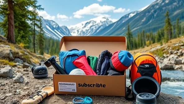 A visually appealing outdoor setting with a collection of premium adventure gear neatly arranged in a subscription box, surrounded by nature elements like trees, mountains, and a flowing river, illustrating the convenience and excitement of the rental service.
