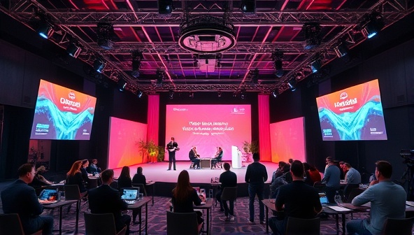 An immersive virtual event setup with a stage, interactive elements, and attendees engaging with the content, illustrating the dynamic and engaging virtual experiences created by EventSphere.
