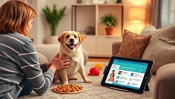 A cozy home setting with a pet owner engaging in a virtual pet wellness consultation, surrounded by pet toys, healthy treats, and a digital tablet displaying pet care resources, emphasizing the bond between pets and their owners in providing optimal care.