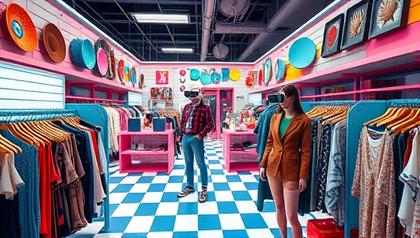 An immersive virtual reality scene where users navigate a digital thrift store filled with racks of vintage clothing, shelves of quirky accessories, and retro home decor items, adorned with virtual avatars trying on unique pieces and interacting with the digital environment, capturing the essence of a futuristic thrift shopping experience.