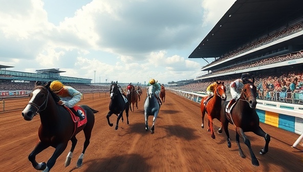 An immersive virtual horse racing simulation featuring a thrilling race in progress, with detailed horse models, realistic racecourse animations, and a cheering crowd in the background, capturing the excitement and realism of the Equisim Derby betting simulation.