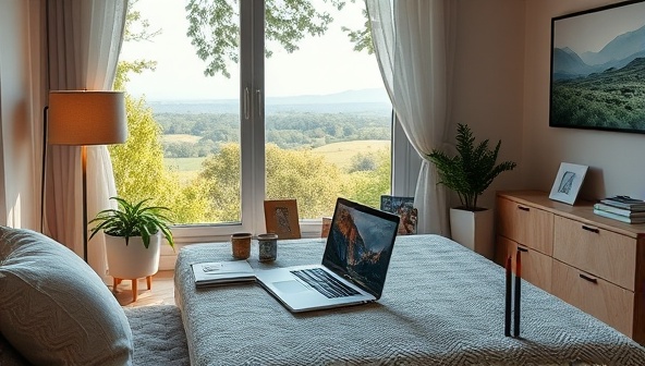 An inviting and tranquil visual representation of the virtual writing retreats experience, featuring a cozy home workspace with a laptop, notebooks, and writing essentials, surrounded by virtual nature scenes and calming ambience, evoking a sense of creativity and serenity.