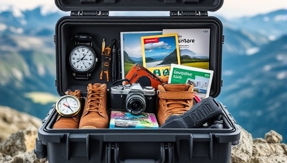 An assortment of adventure gear and travel essentials neatly arranged in a rugged, weatherproof box, featuring a compass, hiking boots, a camera, and a guidebook against a backdrop of scenic mountain vistas, capturing the spirit of exploration and adventure in every Explore Essentials Box.