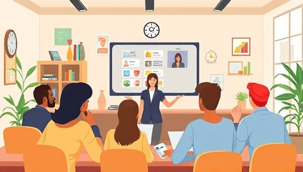 An illustration of a virtual classroom with diverse students and a dynamic tutor engaging in a lively language learning session, showcasing the interactive and engaging nature of the platform.