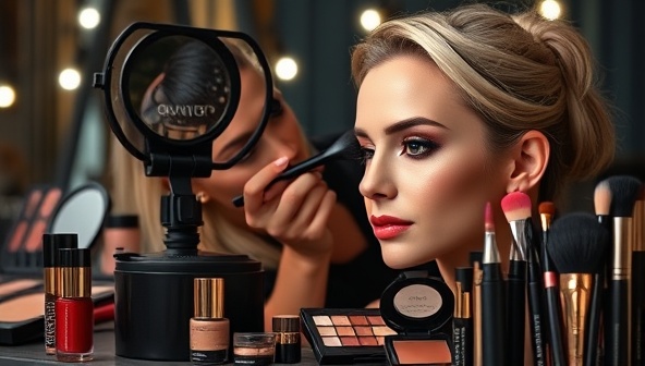 An elegant and sophisticated virtual makeup class setup with a makeup artist showcasing a flawless makeup application on a model's face, surrounded by a selection of high-quality makeup products and brushes, creating a luxurious and educational ambiance.