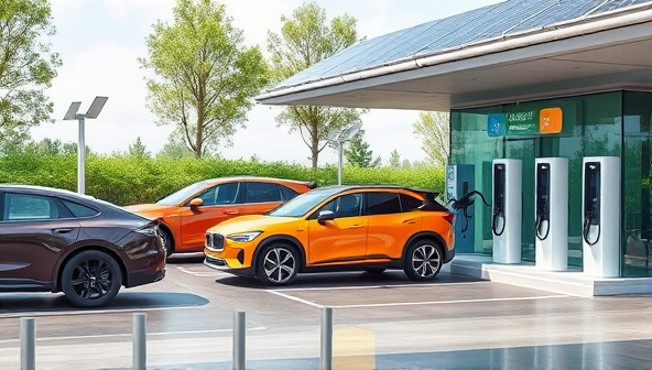A modern and sleek charging station design with a line of diverse electric vehicles waiting to charge, set against a backdrop of a green and sustainable-themed waiting area with solar panels on the roof.