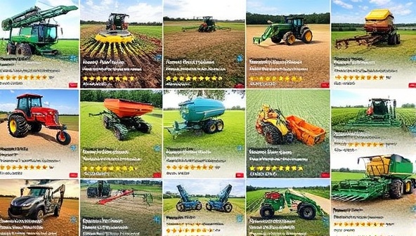 An engaging digital collage showcasing a variety of cutting-edge agricultural tools and machinery with informative captions and ratings, presented in a user-friendly and visually appealing format, highlighting the platform's commitment to unbiased agro-tech recommendations.