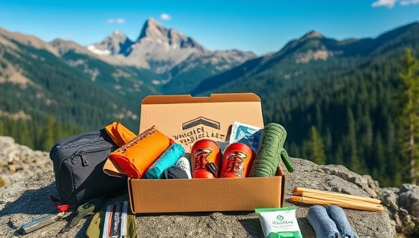An exciting and rugged outdoor scene featuring a collection of adventure gear neatly packed in a subscription box, surrounded by a backdrop of mountains and forests, illustrating the essence of Wanderlust Crates' curated adventure essentials.