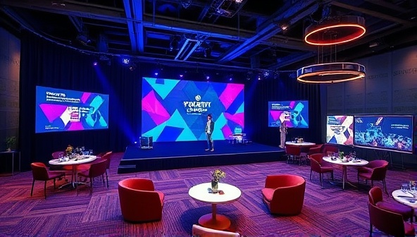 An engaging visual of a virtual event setup featuring a virtual stage with interactive elements, networking lounges, and branded event materials, illustrating the dynamic and immersive experience facilitated by EventSphere's platform.