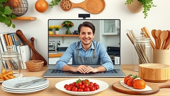 An online meeting scene with a professional food consultant providing advice to a client via video call, surrounded by culinary tools, cookbooks, and samples of food presentations, illustrating a dynamic and interactive virtual consultancy session.