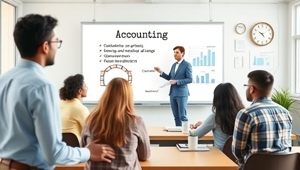 A dynamic virtual classroom setting with a tutor explaining accounting concepts on a digital whiteboard, surrounded by engaged students from diverse backgrounds, symbolizing knowledge-sharing and educational growth.