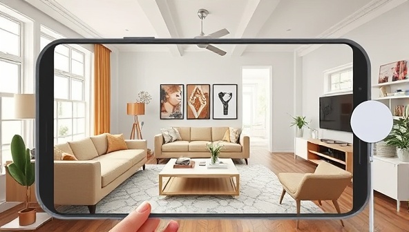 An AR visualization of a virtual living room with furniture and decor products overlaid in the physical space, showcasing the tool's immersive and realistic shopping experience, capturing the convenience and innovation of the AR product visualization platform.