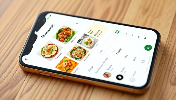 An elegant smartphone screen displaying a personalized meal plan interface with colorful and nutritious meal options, a grocery list feature, and a cooking timer, showcasing the convenience and customization of the AI-powered platform.
