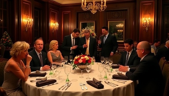 A beautifully set dining table in an elegant venue, with guests dressed in formal attire, interacting with performers in character during a mystery dinner theater event, creating an atmosphere of intrigue and sophistication.